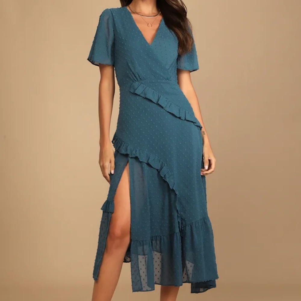 Lulu’s/ Next to you slate blue swiss dot ruffled midi dress